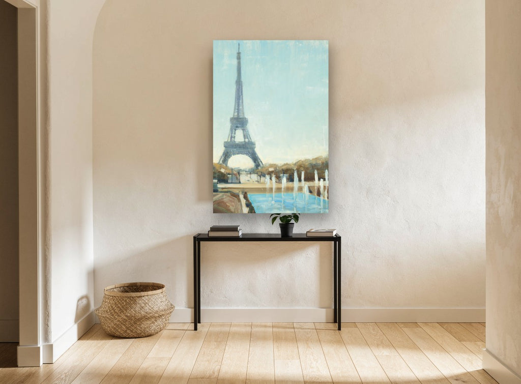 Eiffel Above the Fountains city canvas print on the wall of a hallway