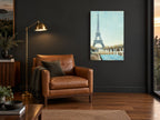 Eiffel Above the Fountains city canvas print on the wall of a charcoal living room