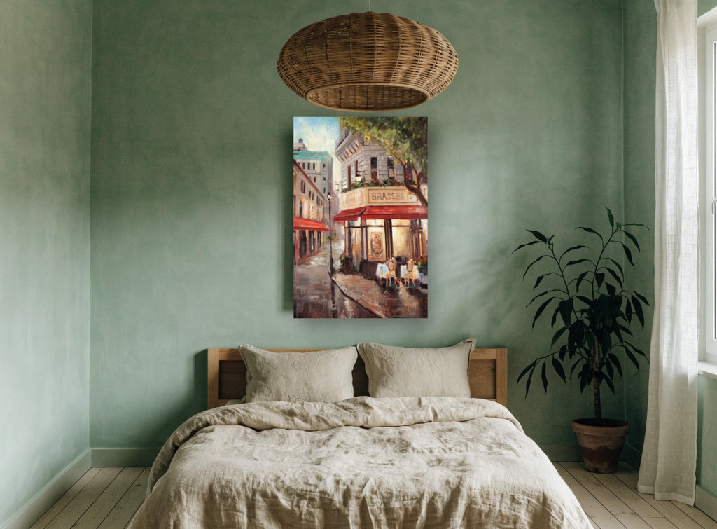 Corner Brasserie Rain city canvas print on the wall of a bedroom