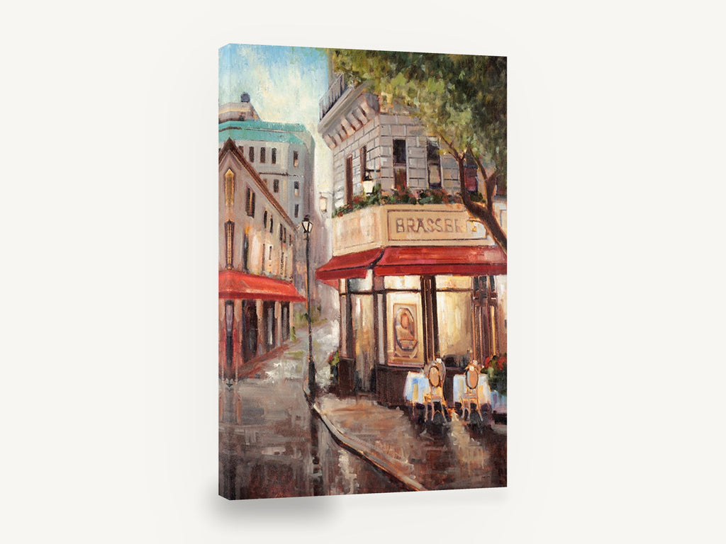 Corner Brasserie Rain, paris brasserie street scene, city canvas wall art print ready to hang
