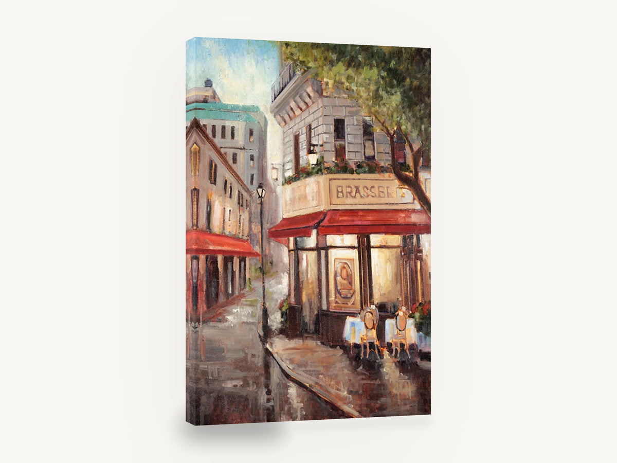 Corner Brasserie Rain, paris brasserie street scene, city canvas wall art print ready to hang