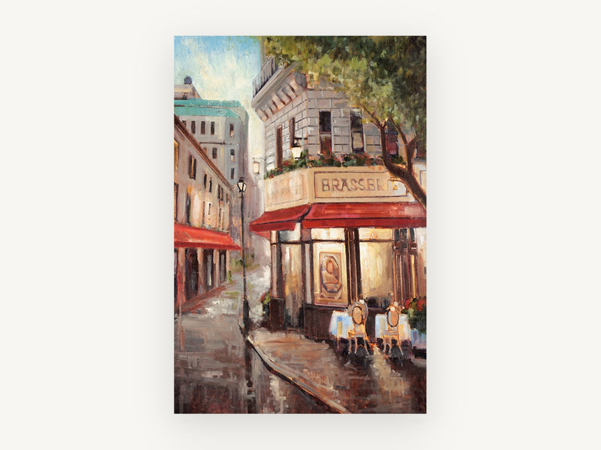 Corner Brasserie Rain, paris brasserie street scene, city canvas wall art print, front view