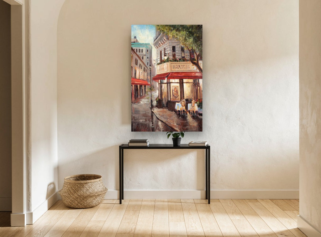Corner Brasserie Rain city canvas print on the wall of a hallway