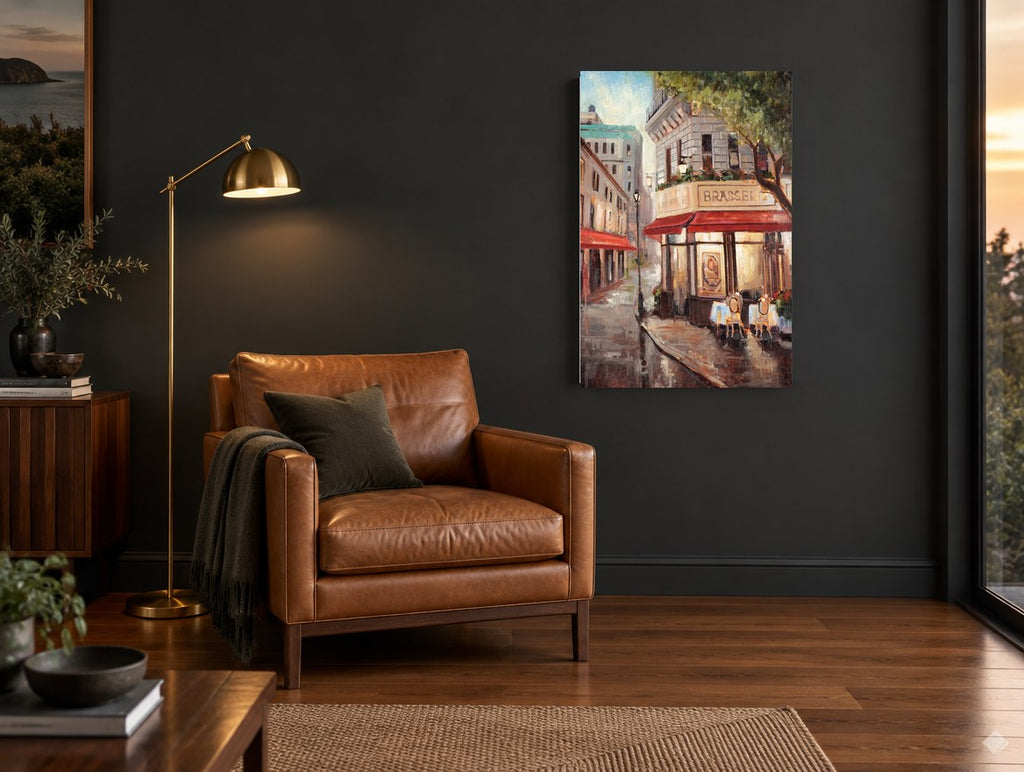Corner Brasserie Rain city canvas print on the wall of a charcoal living room