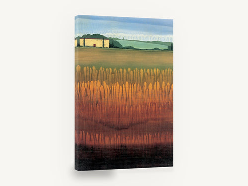 Amber Field Farmhouse, farmhouse over amber field landscape, landscape canvas wall art print ready to hang