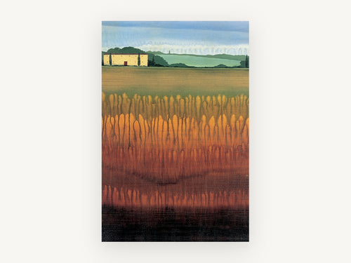 Amber Field Farmhouse, farmhouse over amber field landscape, landscape canvas wall art print, front view