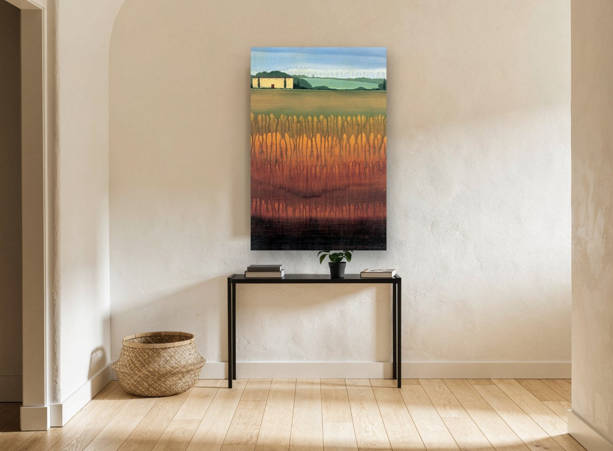 Amber Field Farmhouse landscape canvas print on the wall of a hallway
