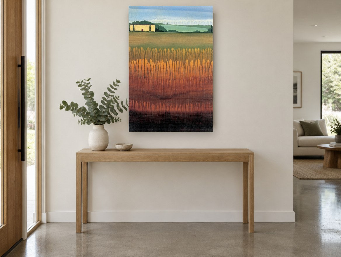 Amber Field Farmhouse landscape canvas print on the wall of a entry hall