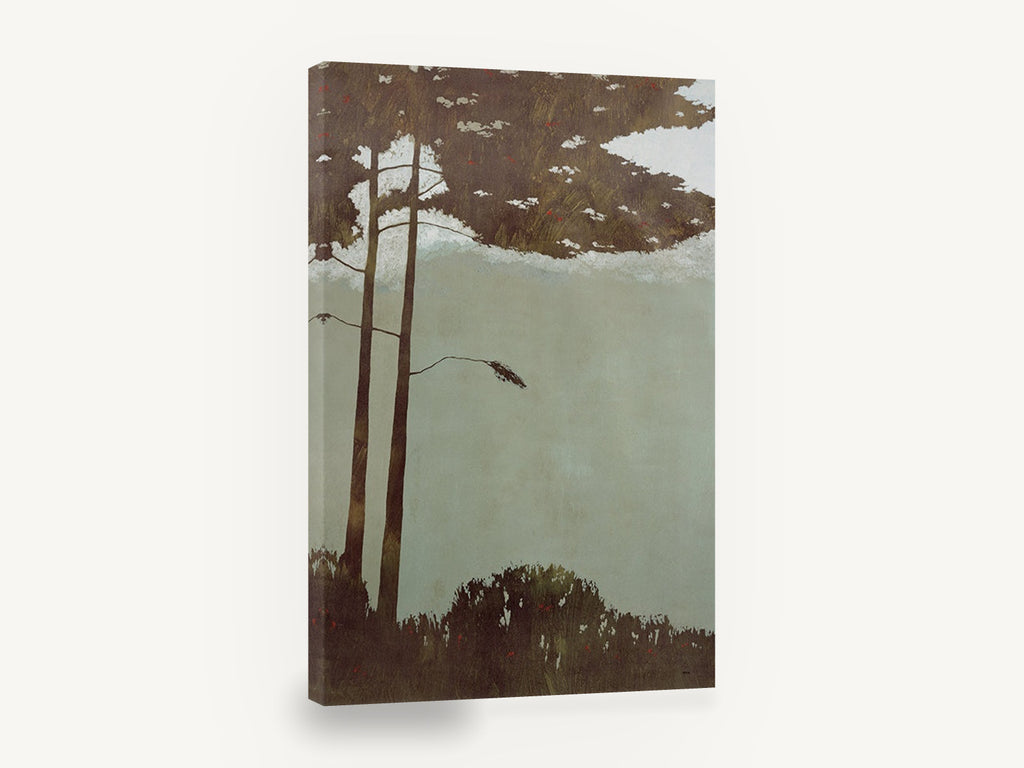 Pine Canopy Mist, tall pine trees muted green landscape, floral canvas wall art print ready to hang