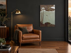 Pine Canopy Mist floral canvas print on the wall of a charcoal living room