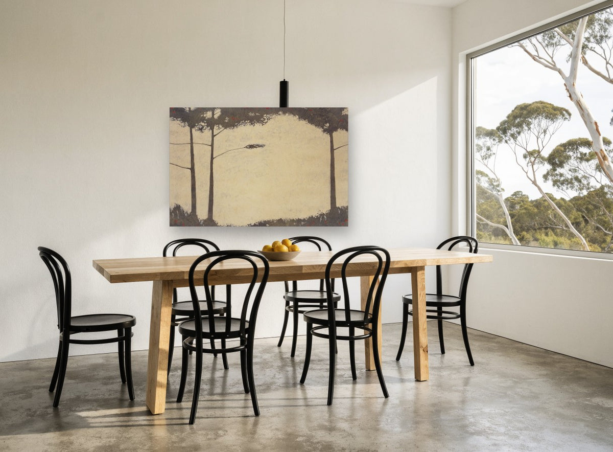 Quiet Pine Clearing floral canvas print on the wall of a dining room