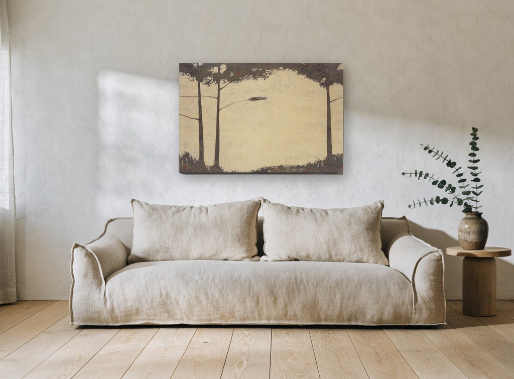 Quiet Pine Clearing floral canvas print on the wall of a living room