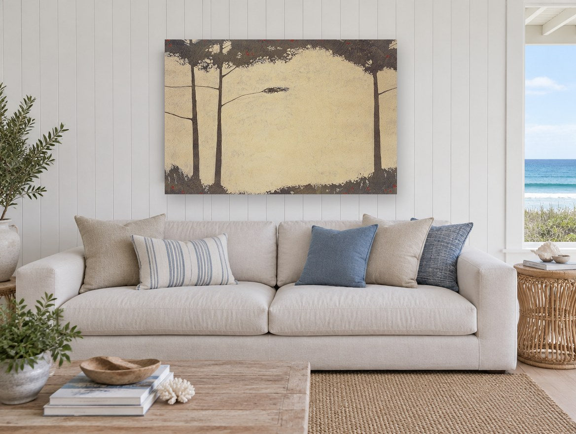 Quiet Pine Clearing floral canvas print on the wall of a beach house living room