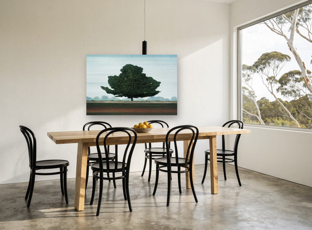 Lone Green Tree floral canvas print on the wall of a dining room