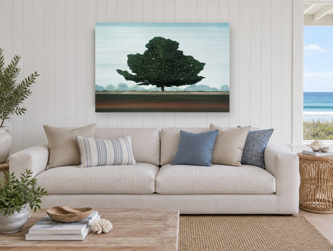 Lone Green Tree floral canvas print on the wall of a beach house living room