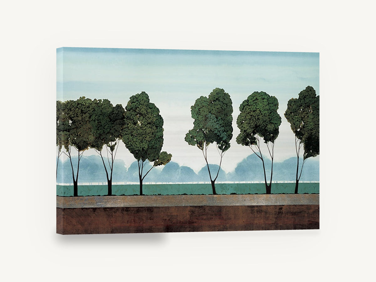 Six Trees at Dusk, six green trees landscape illustration, floral canvas wall art print ready to hang