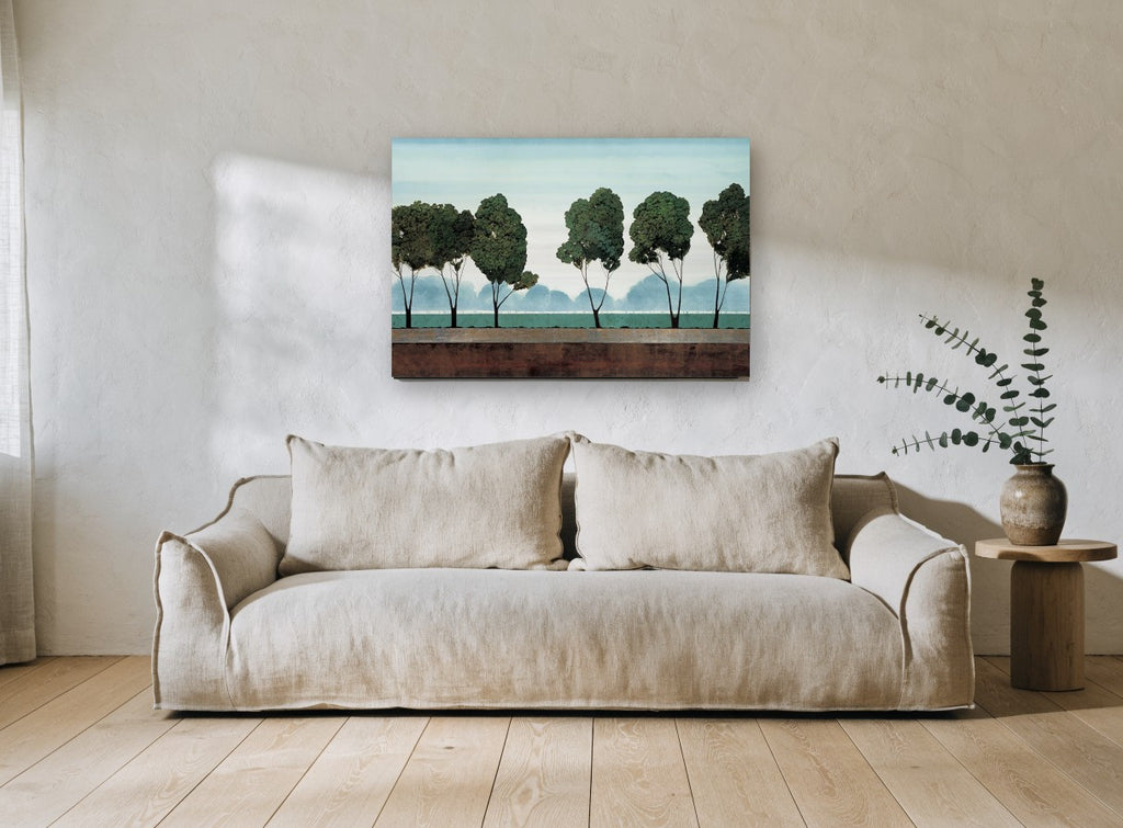 Six Trees at Dusk floral canvas print on the wall of a living room