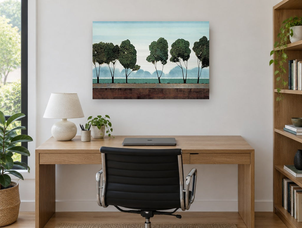 Six Trees at Dusk floral canvas print on the wall of a study