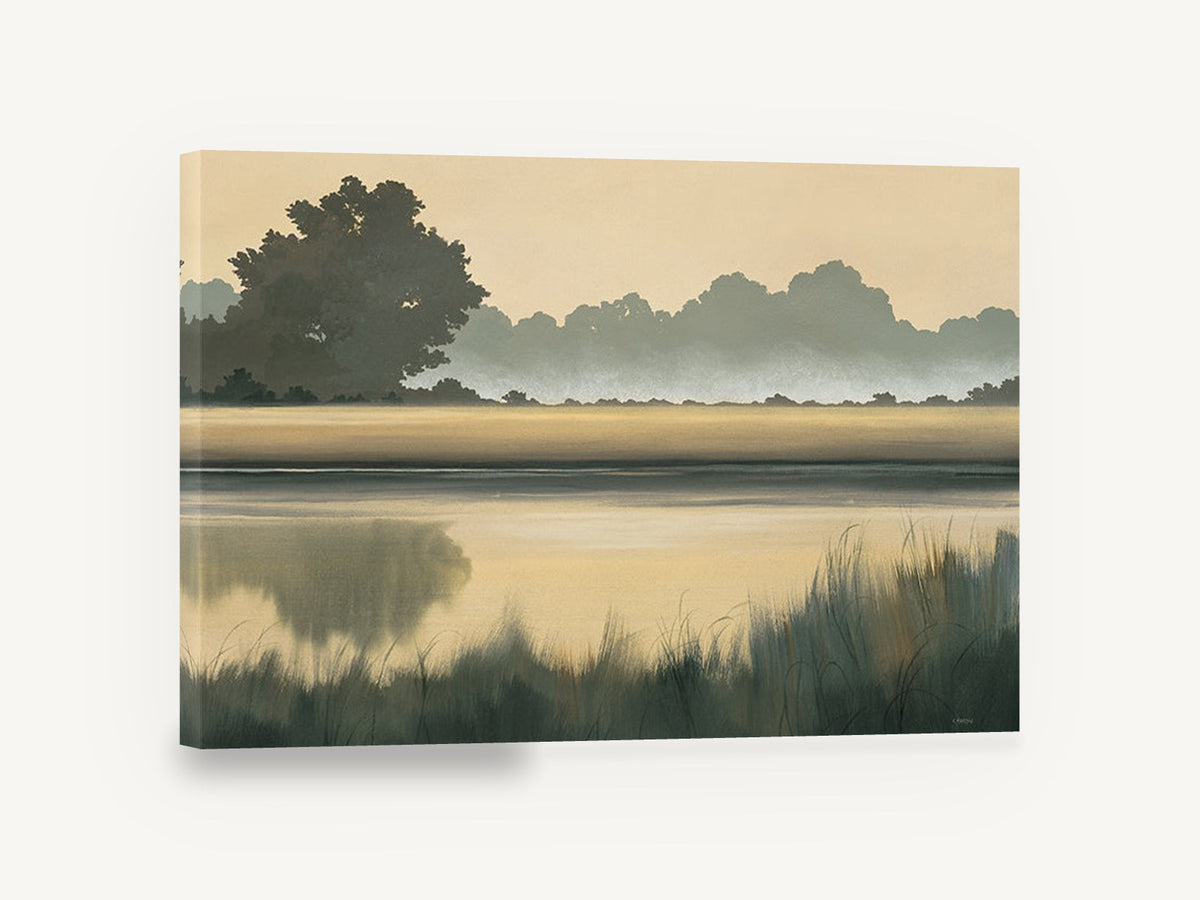 Misty Marsh Dawn, misty marsh landscape reflection painting, floral canvas wall art print ready to hang