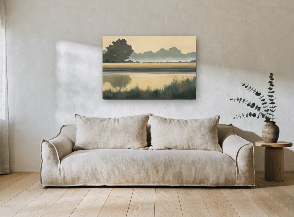 Misty Marsh Dawn floral canvas print on the wall of a living room
