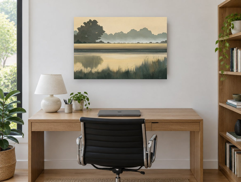 Misty Marsh Dawn floral canvas print on the wall of a study