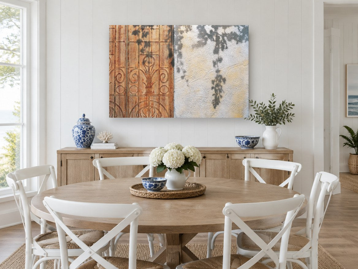 Vine Shadows on Rust floral canvas print on the wall of a Hamptons dining room