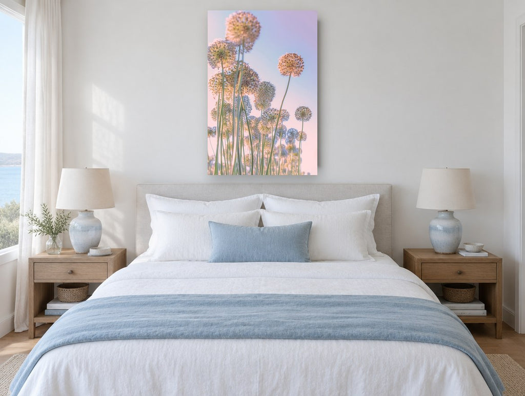 Allium Sky Daydream floral canvas print on the wall of a coastal bedroom