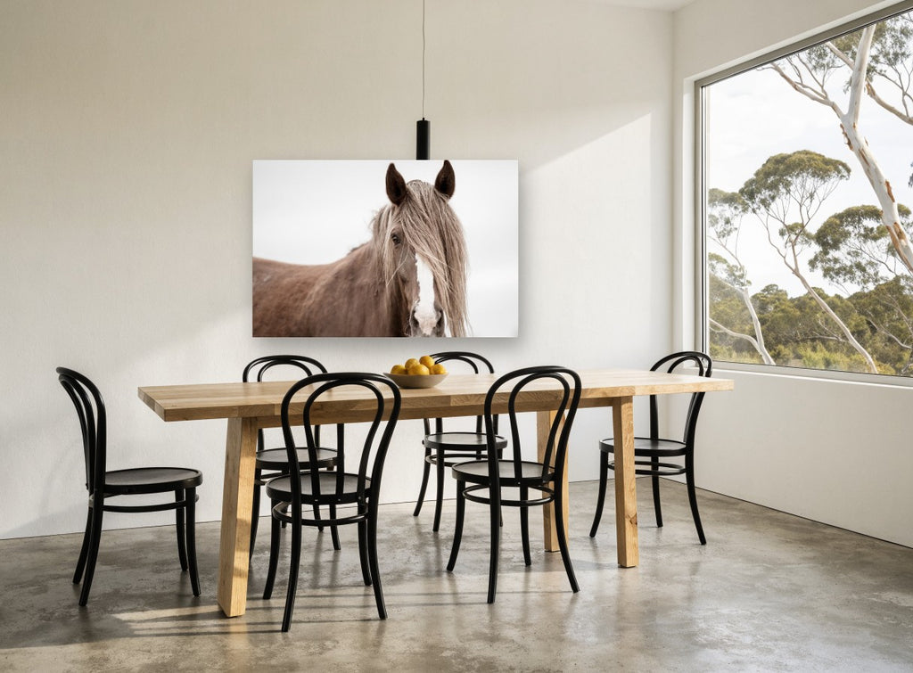 Veiled Chestnut Mare animal canvas print on the wall of a dining room