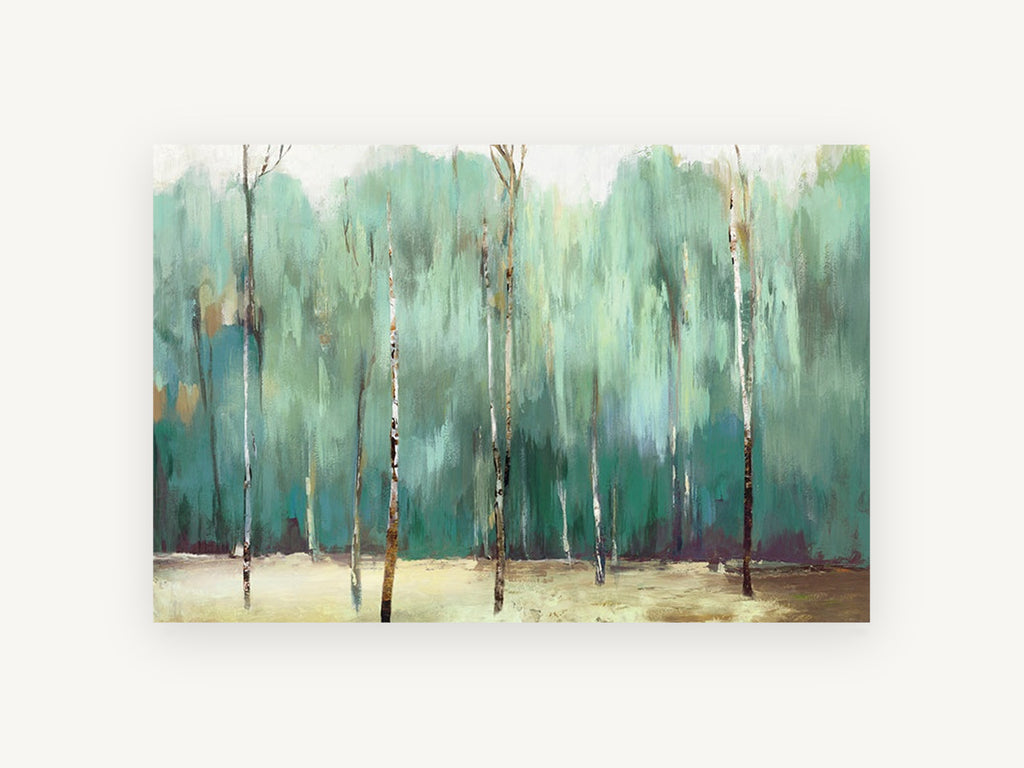 Teal Birch Grove, floral canvas wall art print, front view