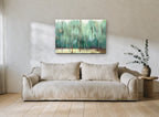 Teal Birch Grove floral canvas print on the wall of a living room