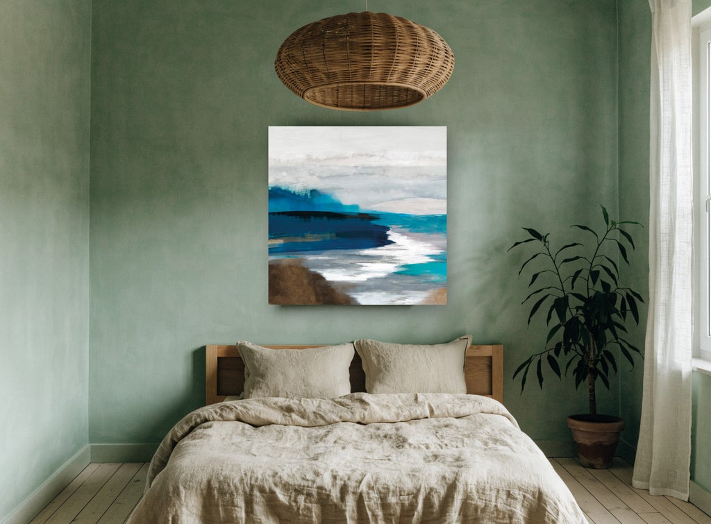 Indigo Shore Drift coastal canvas print on the wall of a bedroom