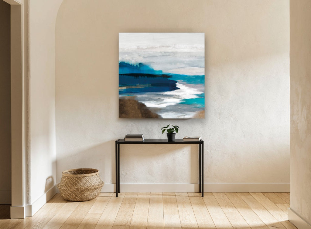 Indigo Shore Drift coastal canvas print on the wall of a hallway