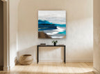 Indigo Shore Drift coastal canvas print on the wall of a hallway