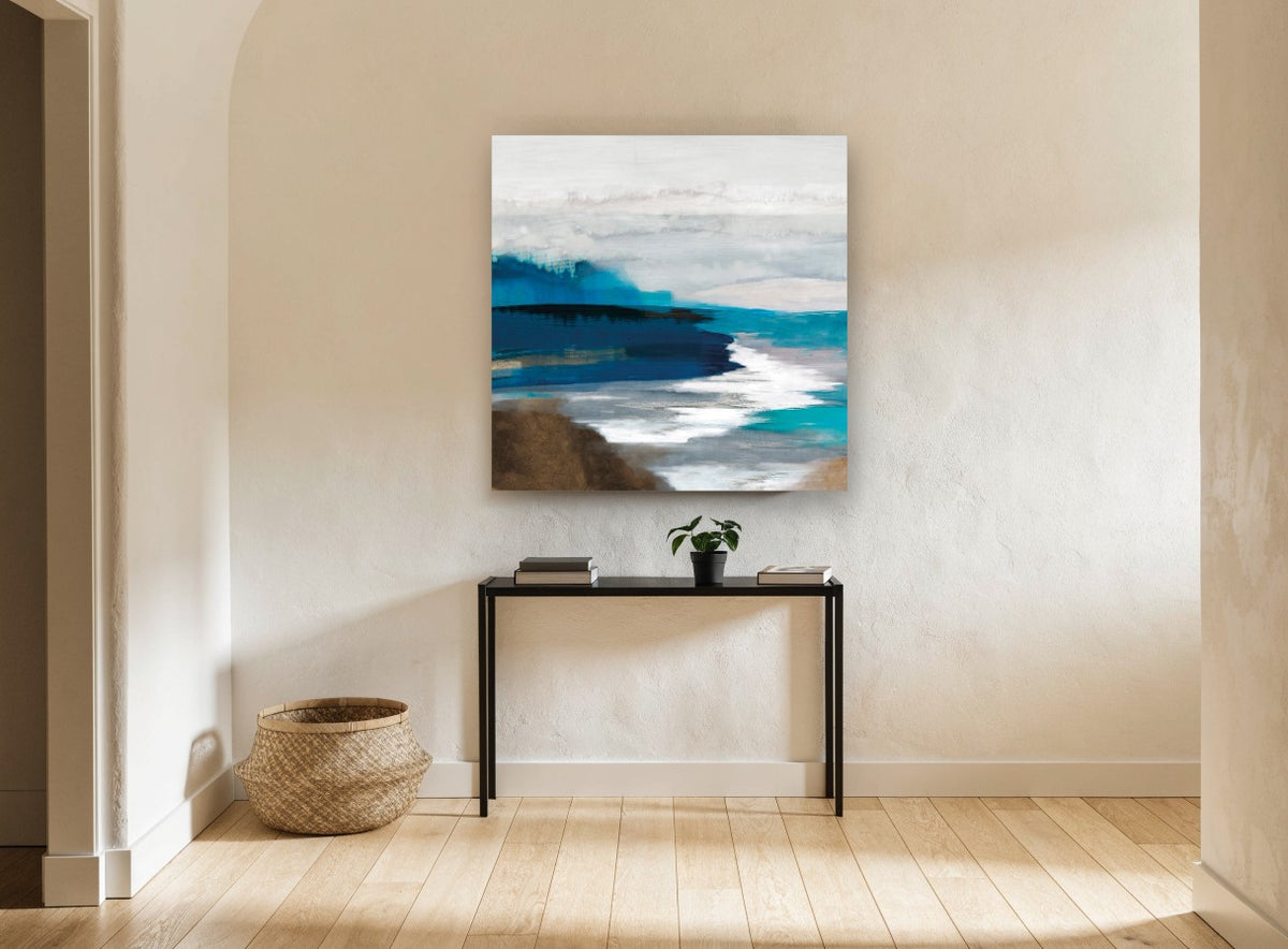 Indigo Shore Drift coastal canvas print on the wall of a hallway