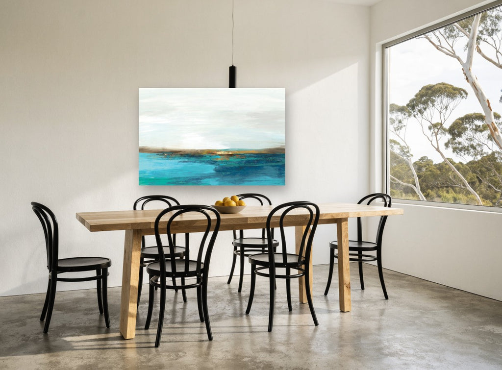 Teal Shore Horizon landscape canvas print on the wall of a dining room