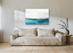 Teal Shore Horizon landscape canvas print on the wall of a living room