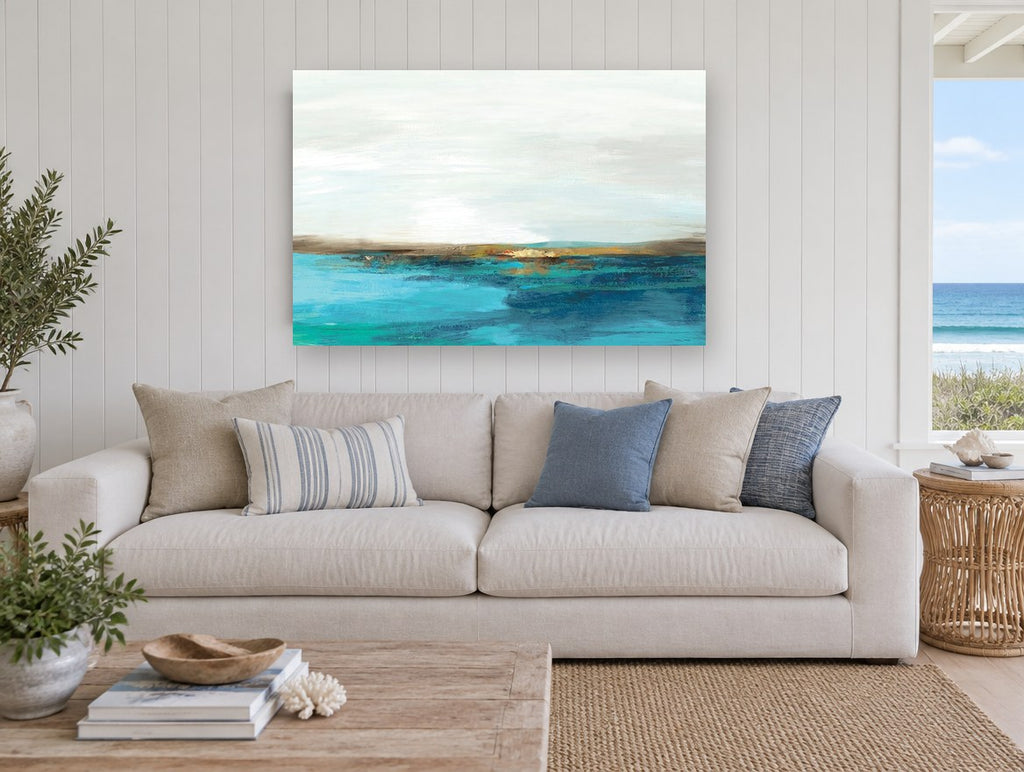 Teal Shore Horizon landscape canvas print on the wall of a beach house living room