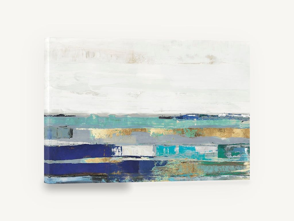 Teal Horizon Bands, blue teal gold abstract landscape, landscape canvas wall art print ready to hang