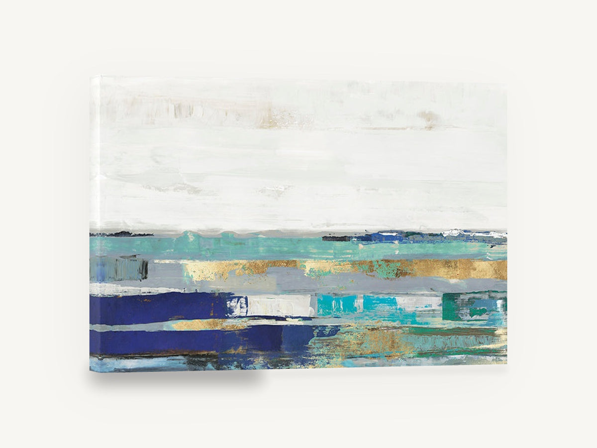 Teal Horizon Bands, blue teal gold abstract landscape, landscape canvas wall art print ready to hang
