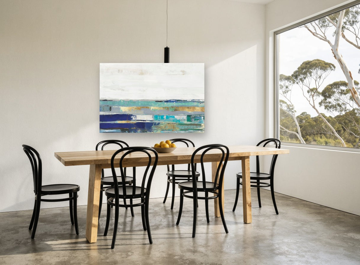 Teal Horizon Bands landscape canvas print on the wall of a dining room