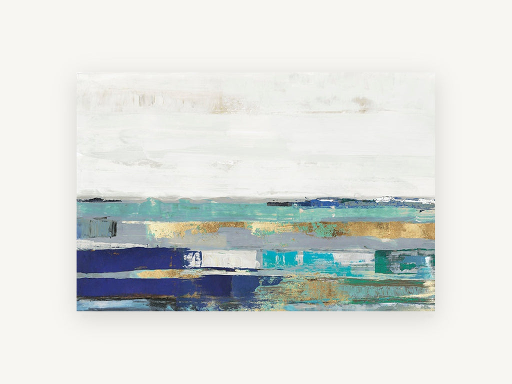Teal Horizon Bands, blue teal gold abstract landscape, landscape canvas wall art print, front view
