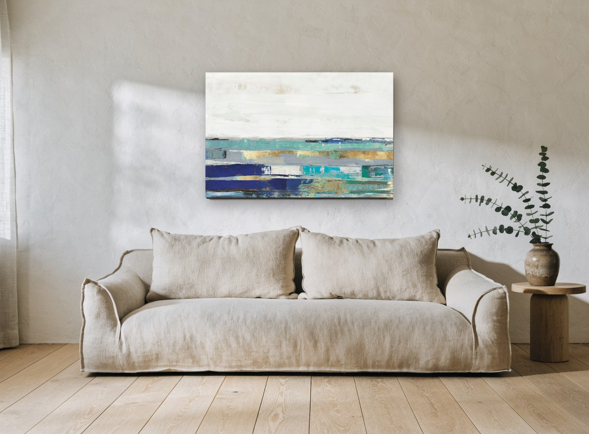 Teal Horizon Bands landscape canvas print on the wall of a living room