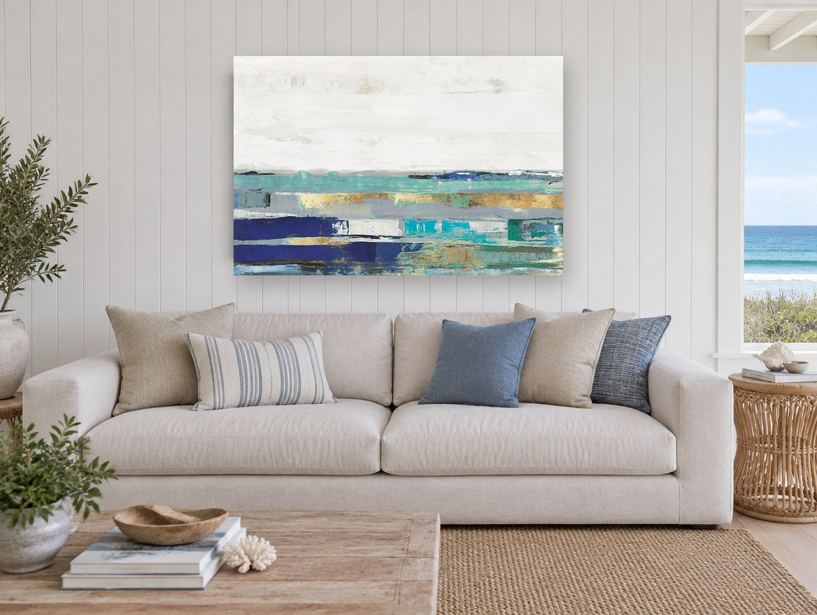 Teal Horizon Bands landscape canvas print on the wall of a beach house living room