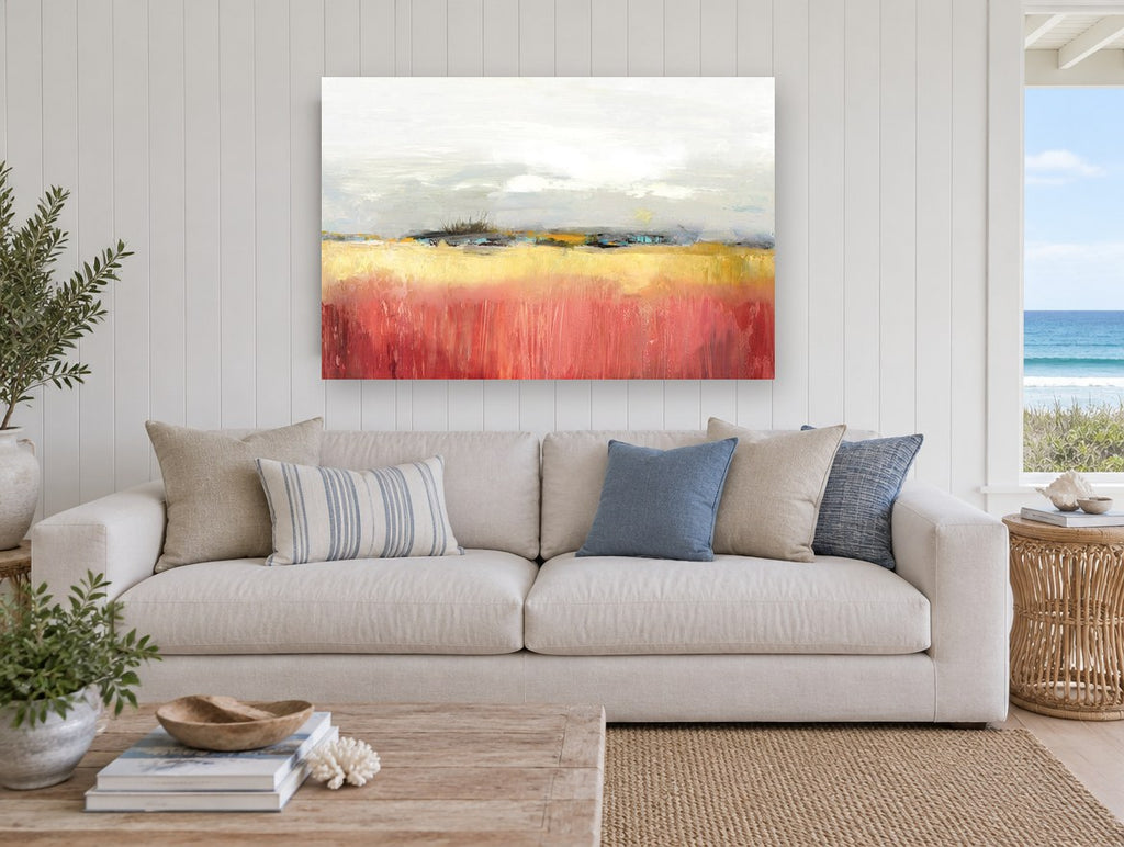 Crimson Field Horizon landscape canvas print on the wall of a beach house living room