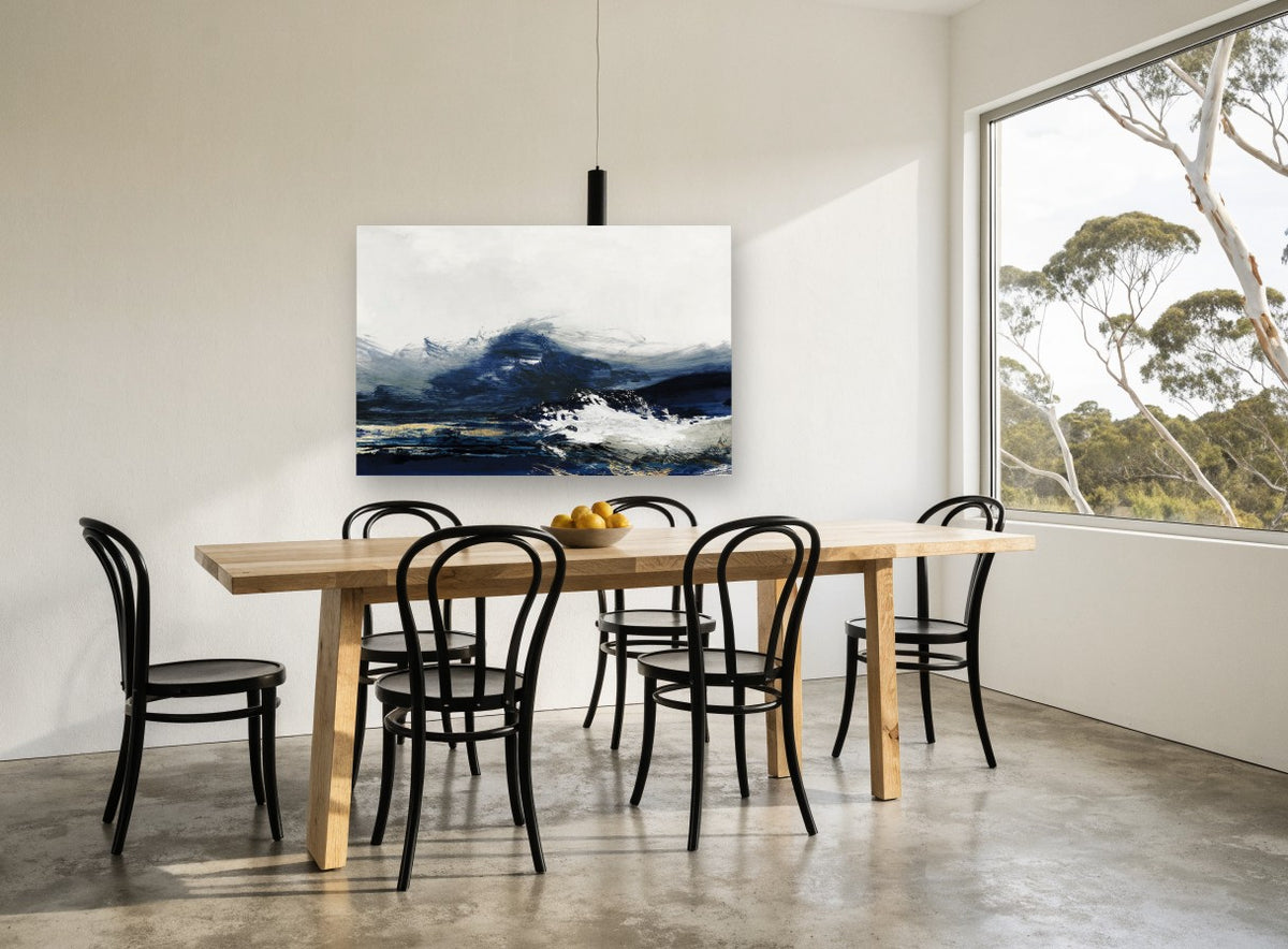 Indigo Swell landscape canvas print on the wall of a dining room