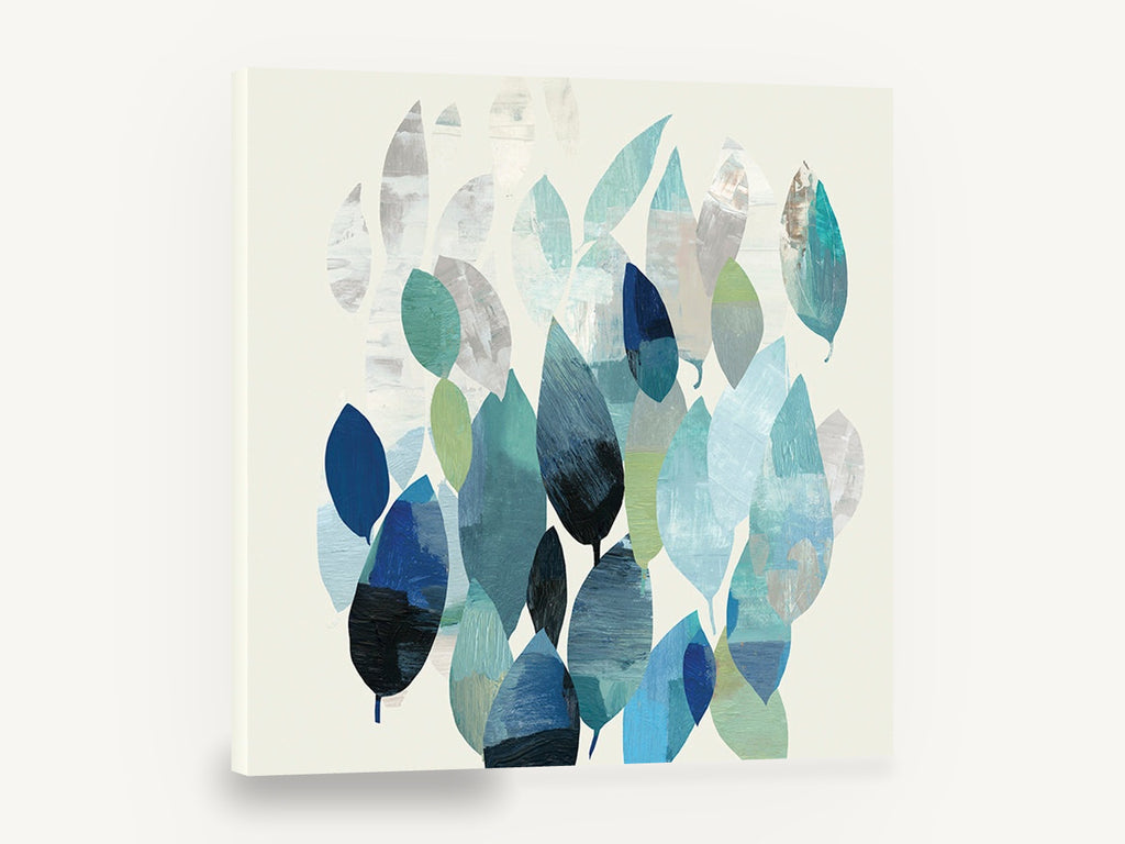 Drifting Teal Leaves, blue teal abstract leaves collage, floral canvas wall art print ready to hang