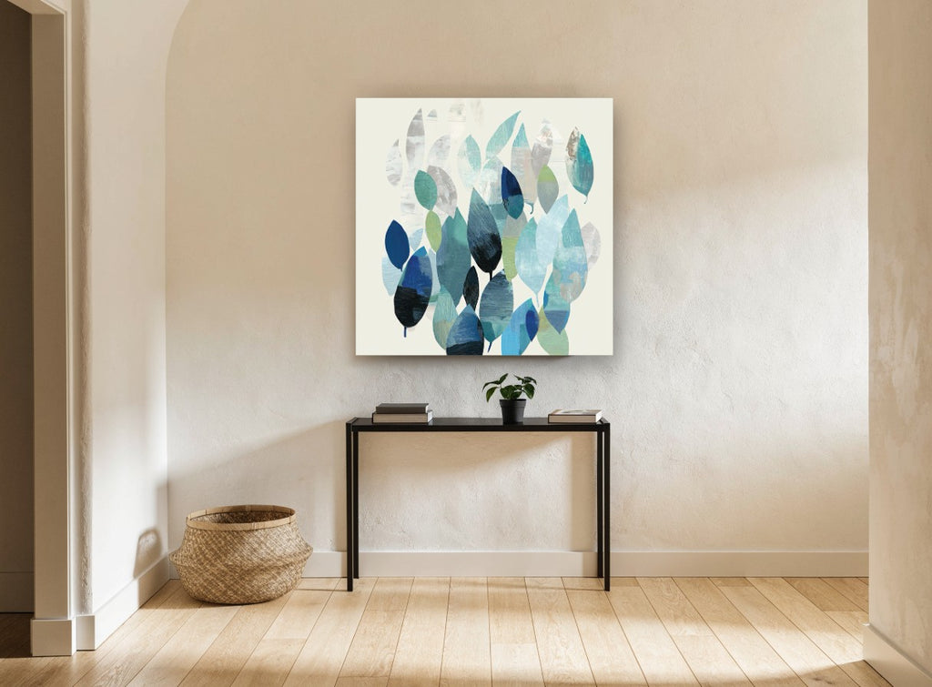 Drifting Teal Leaves floral canvas print on the wall of a hallway