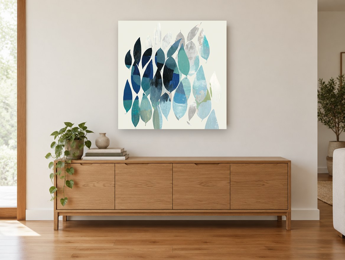 Teal Leaf Drift floral canvas print on the wall of a living room above a sideboard