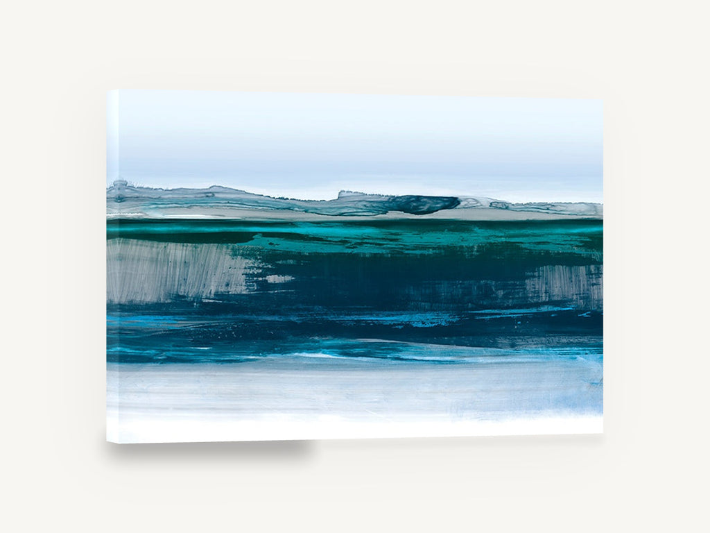 Glacial Teal Shoreline, teal blue abstract landscape, landscape canvas wall art print ready to hang