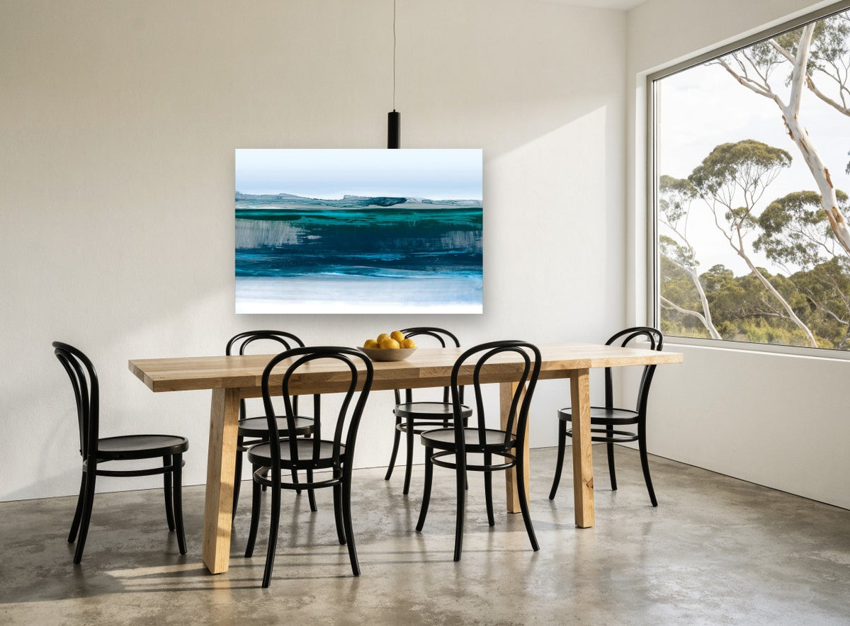 Glacial Teal Shoreline landscape canvas print on the wall of a dining room